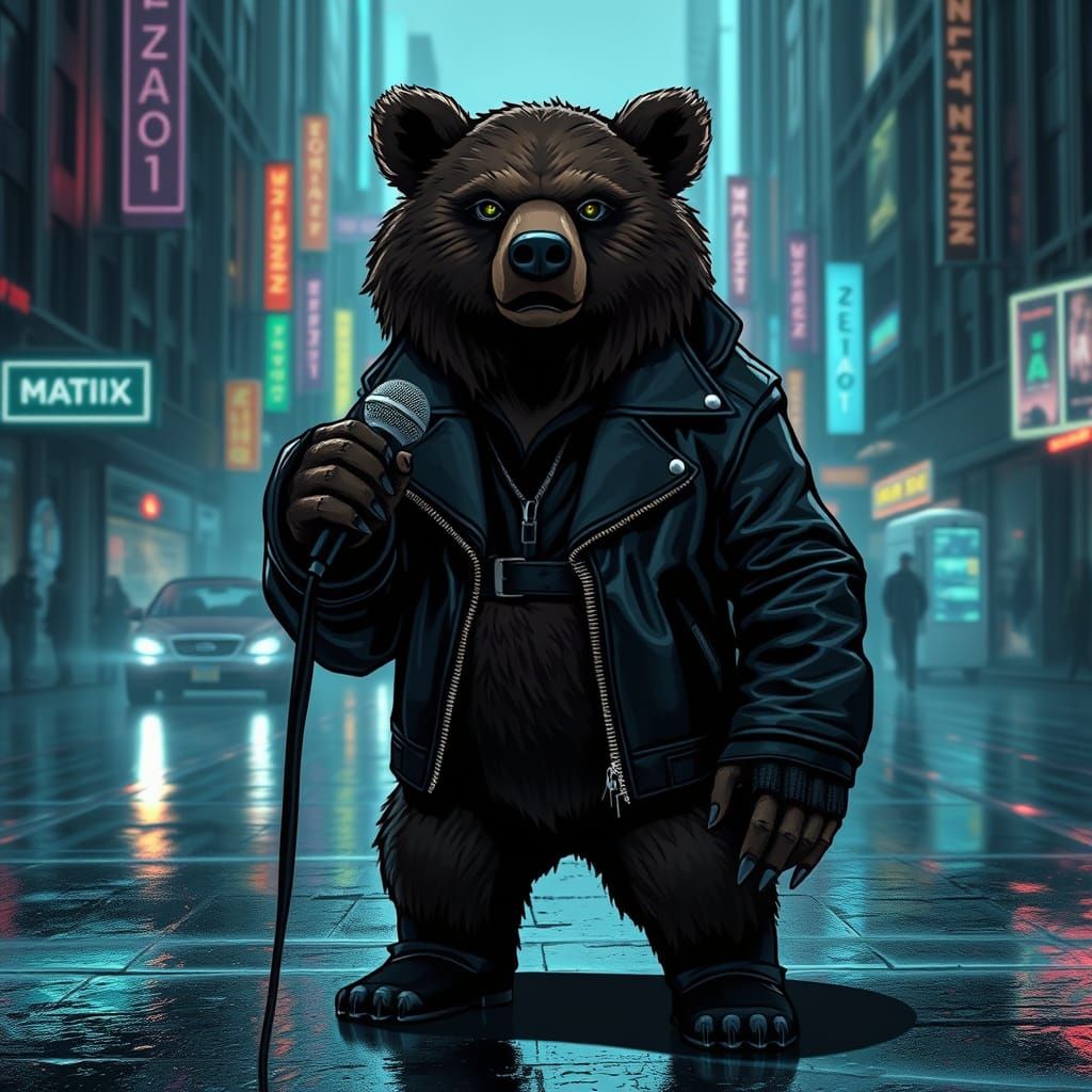Cyberpunk Grizzly Bear: A Matrix-Inspired Musical Maverick