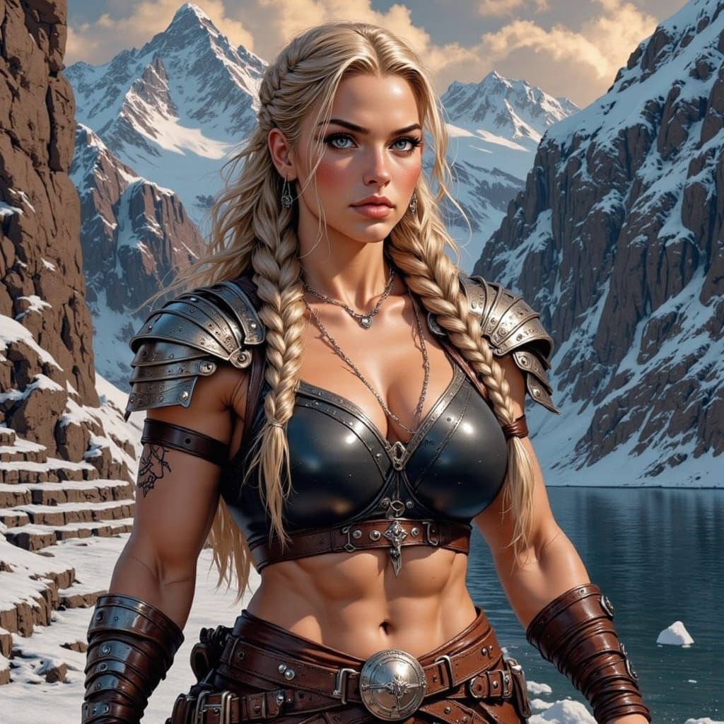 Fierce Barbarian Warrior Woman Stands Strong Amidst Snow-Cap...