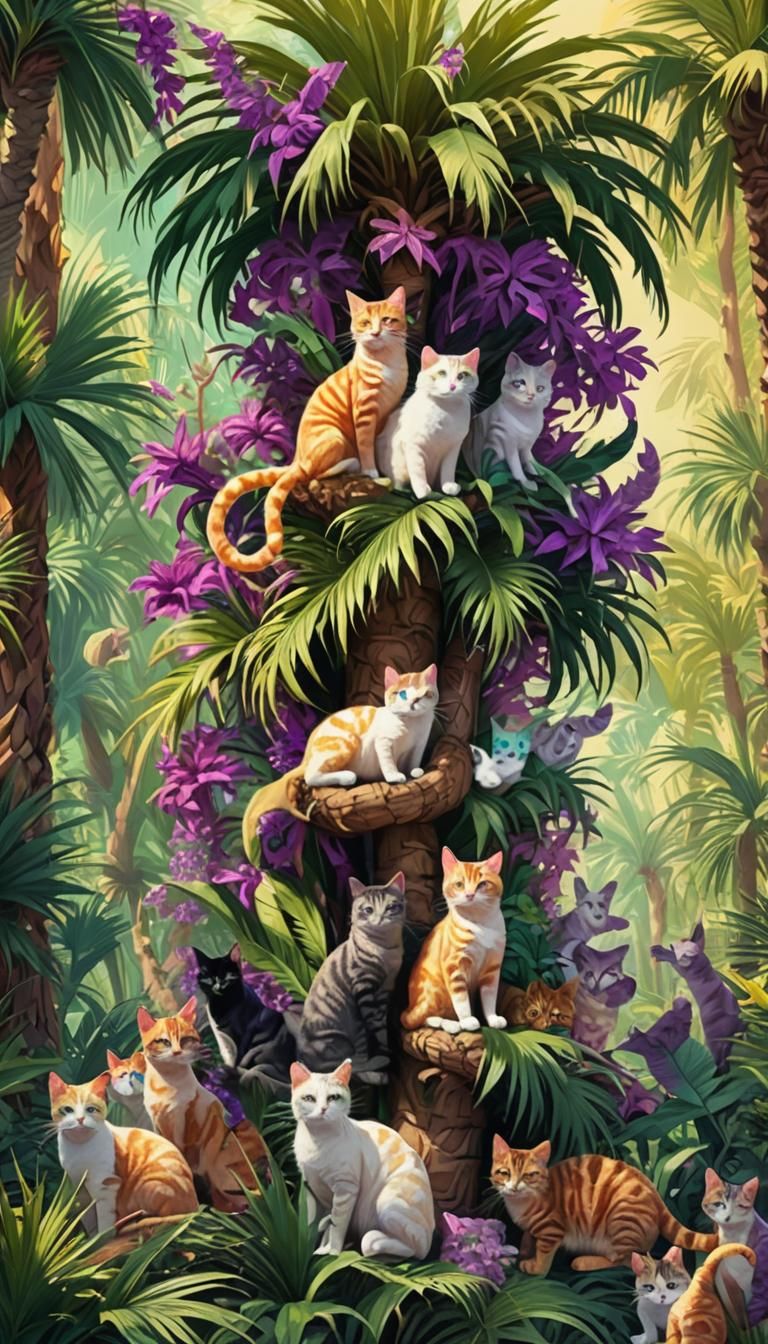 Surreal Cat Palm Tree in Rousseau Style