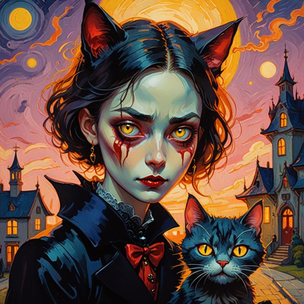 Kawaii Vampire Cat in Fauvist Expressionism