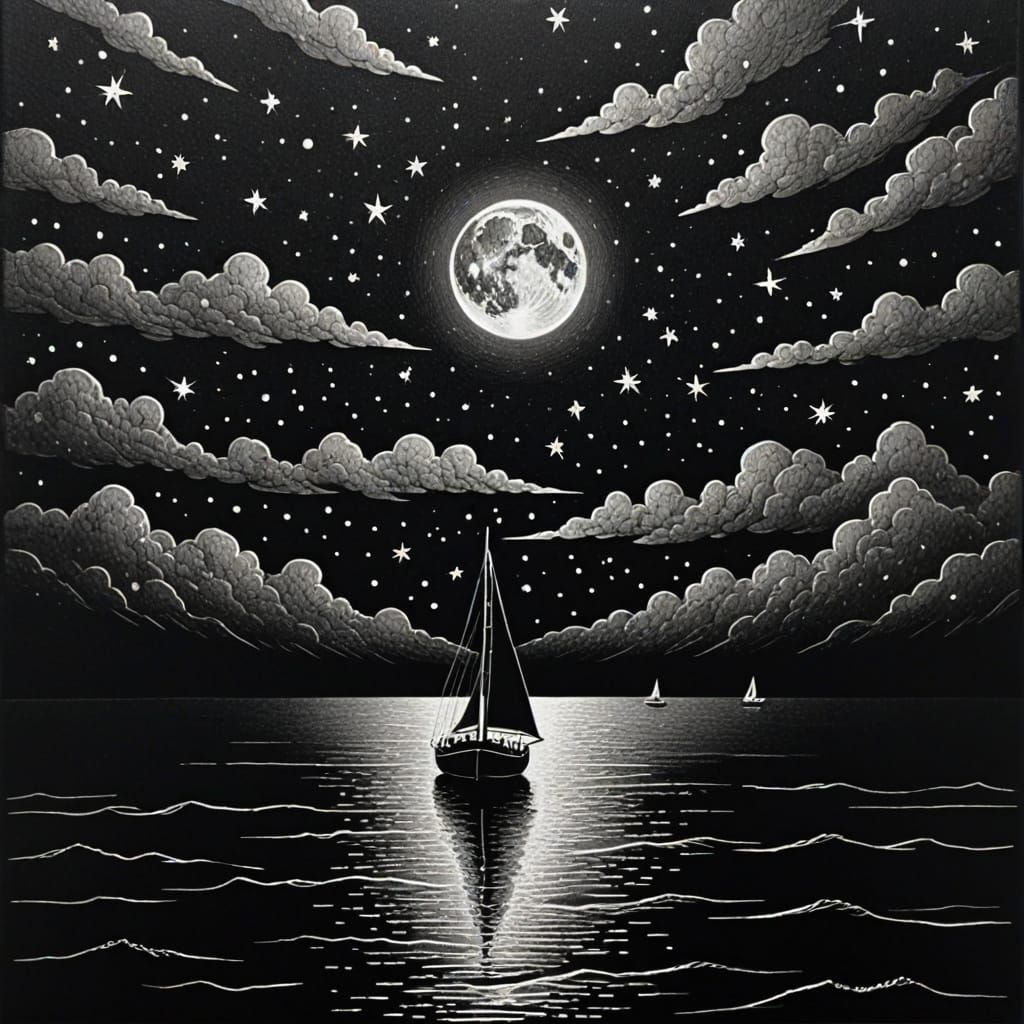 Mystical Starry Night Etching Over Black Sea