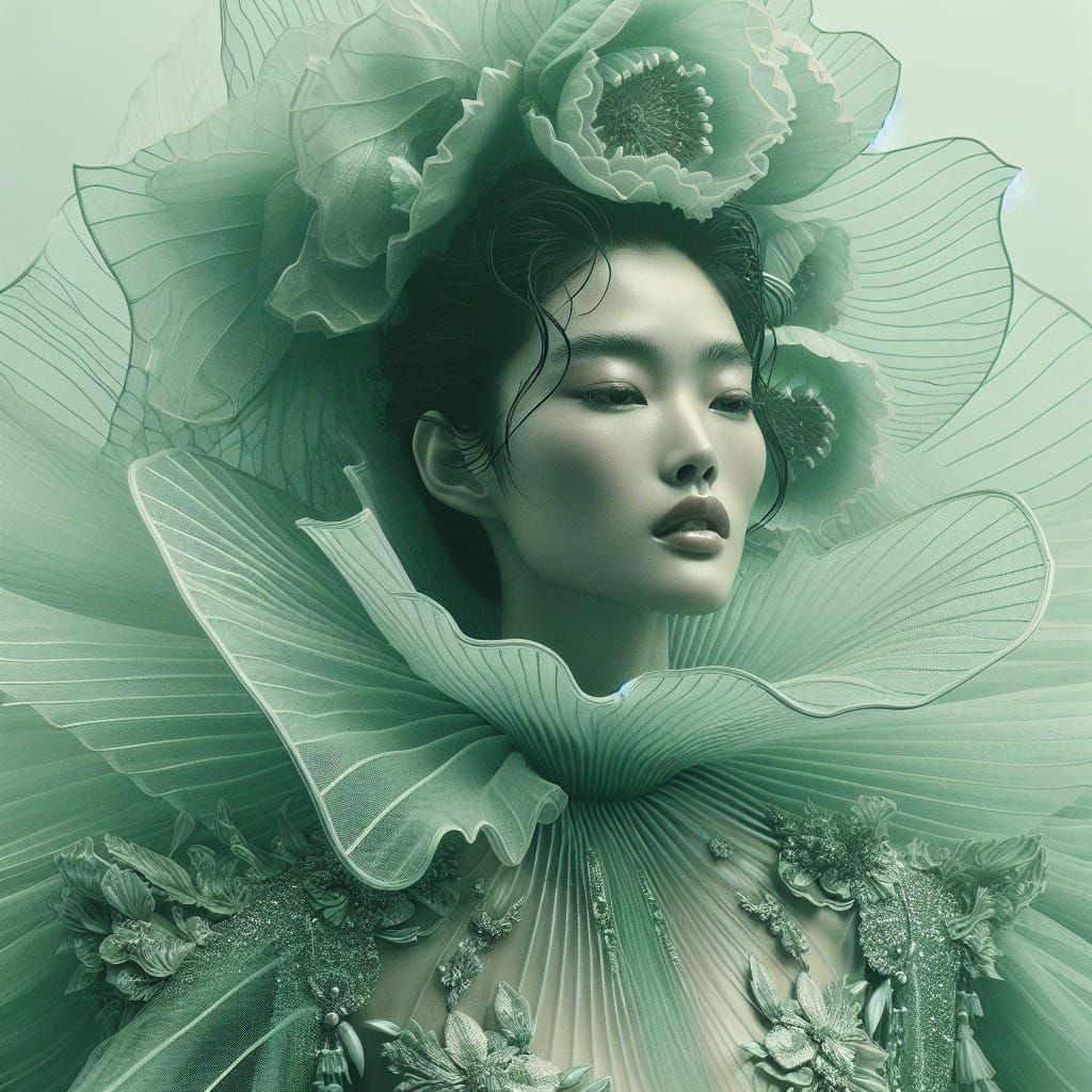 Japanese Model in Lotus Leaf Dress: Digital Matte Painting