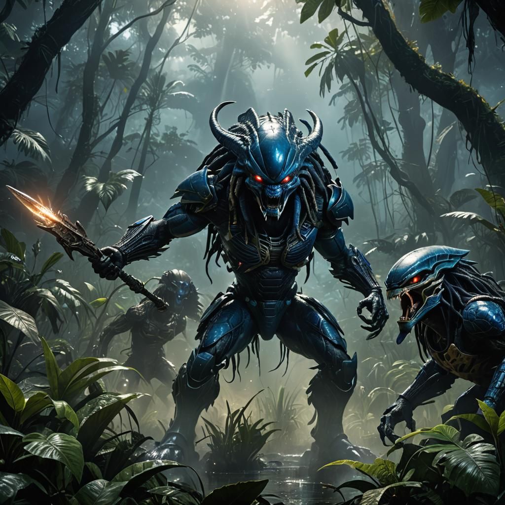 Alien vs Predator in Misty Jungle: Hyperrealistic Art