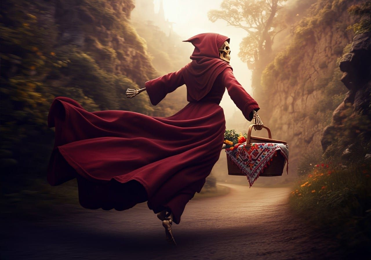 A skeleton seen running down a winding path wearing a Red Riding Hood, but who could it be? No hints.