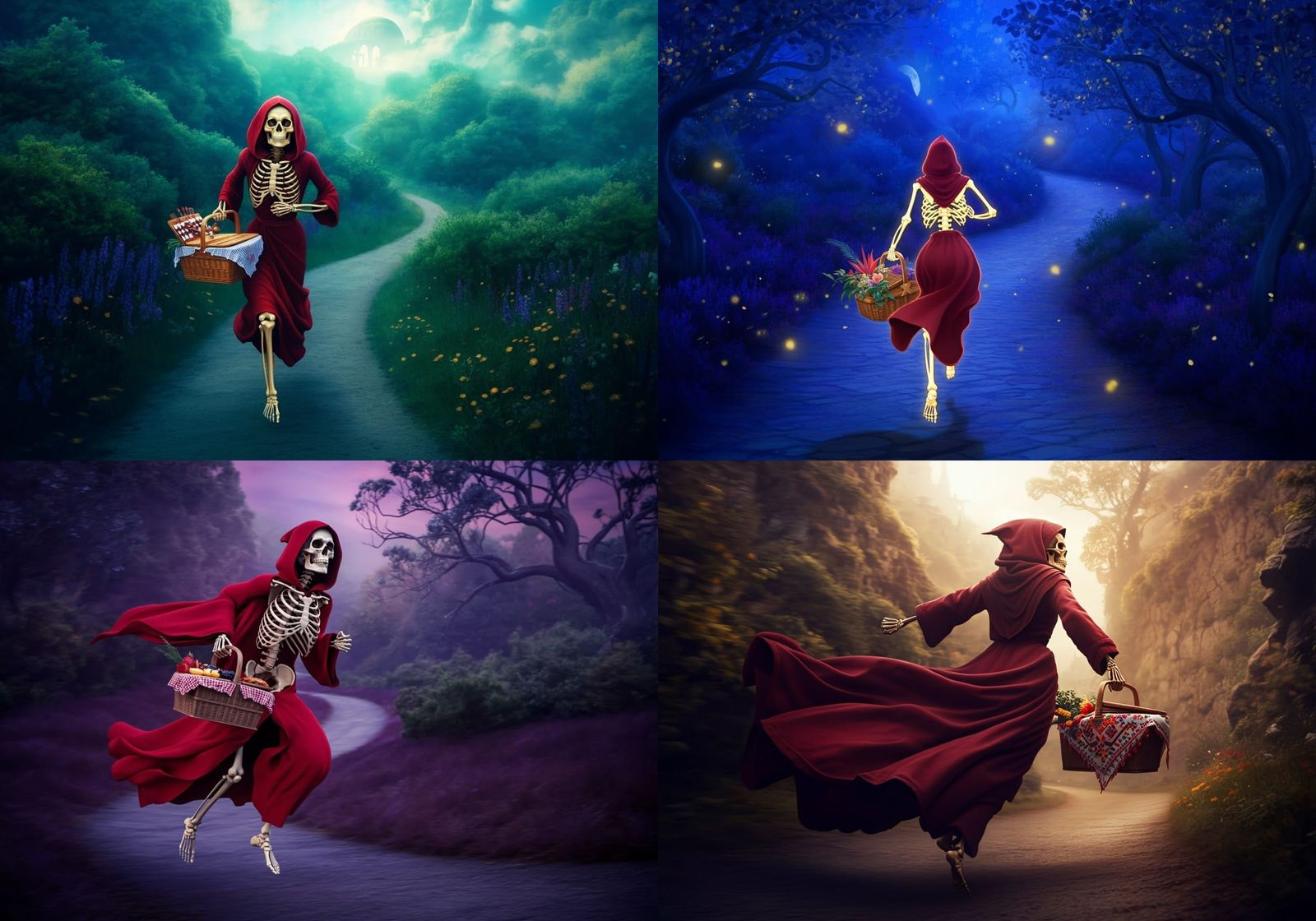 A skeleton seen running down a winding path wearing a Red Riding Hood, but who could it be? No hints.