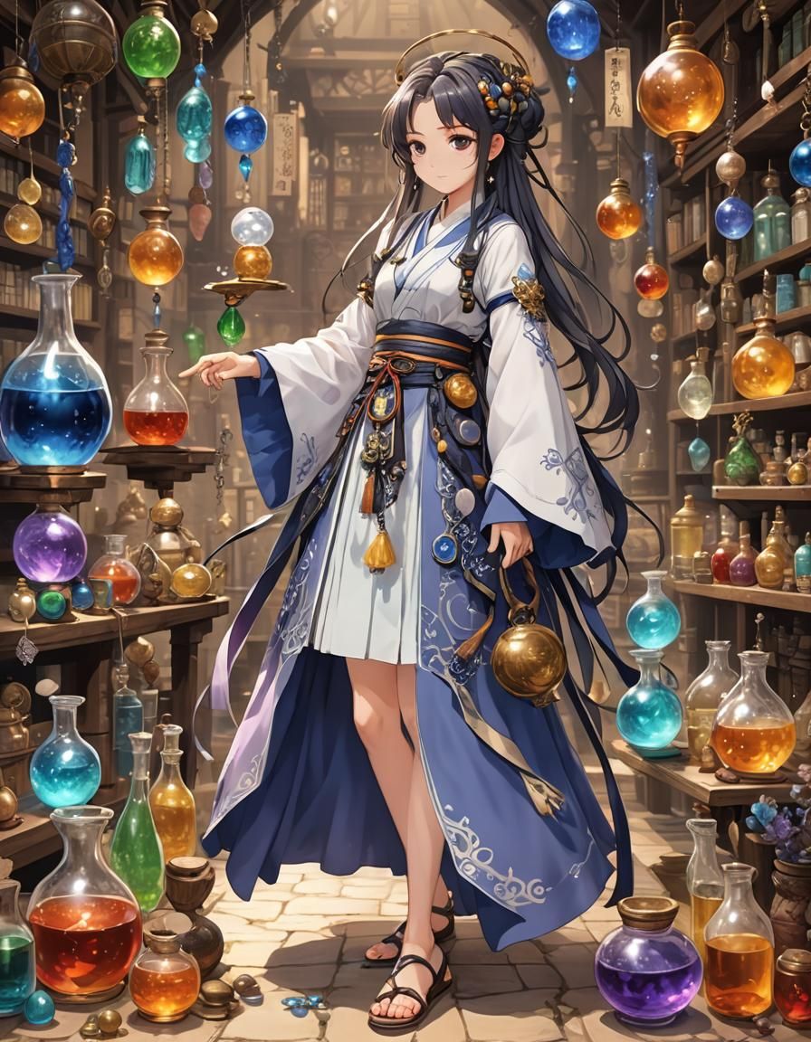 Sorceress in Ethereal Fantasy Attire Concocts Mystical Potio...