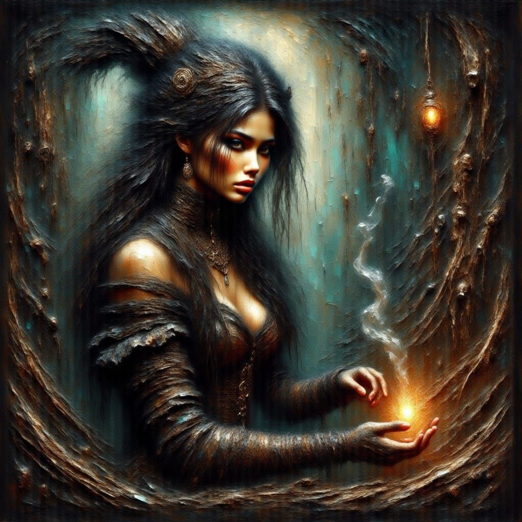 Witch Casting Spell in Dark Forest with Ethereal Glow