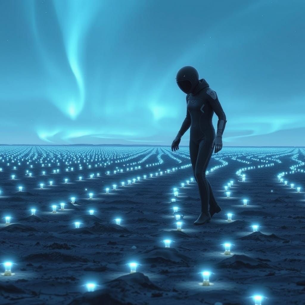 Futuristic Farmer in Neon-Lit Landscape