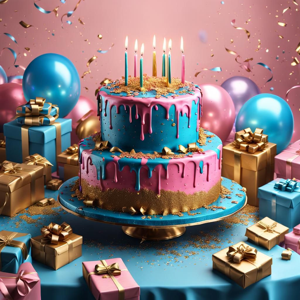 Pink, Blue, and Gold Birthday Cake Masterpiece