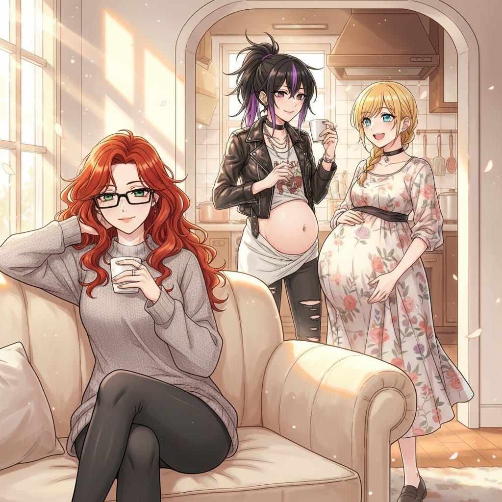 Shoujo Anime Style: Woman Relaxing with Pregnant Wives