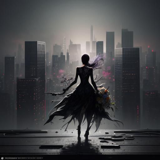 Person with Flowers on Skyscraper Roof in Graffiti Art