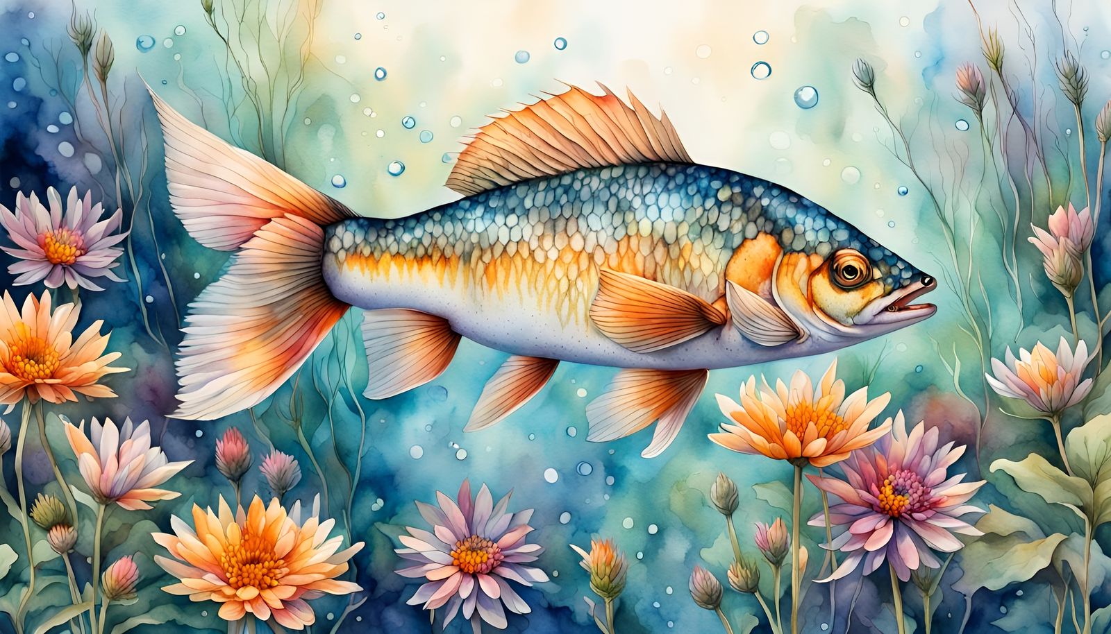 Fish Leaps to Reflection in Watercolor Pond