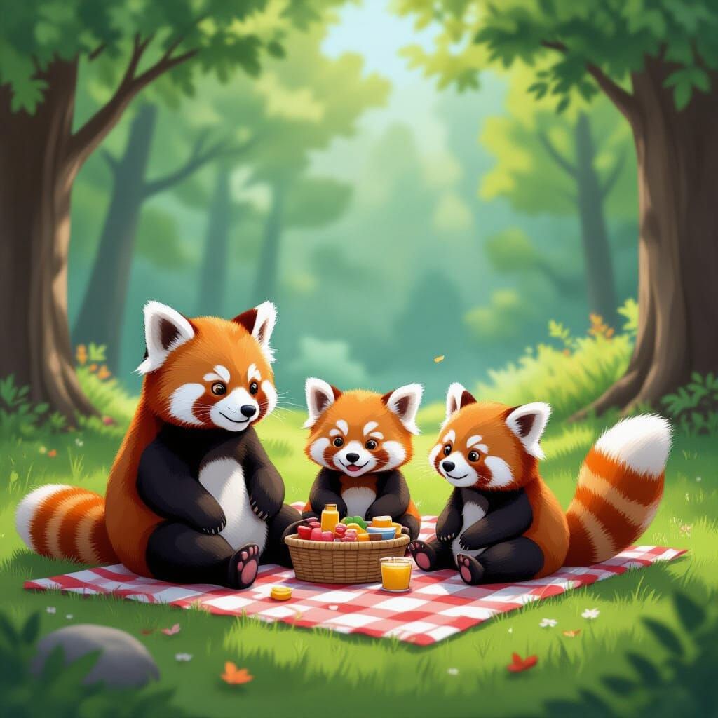 Red Panda Family Enjoys a Picnic
