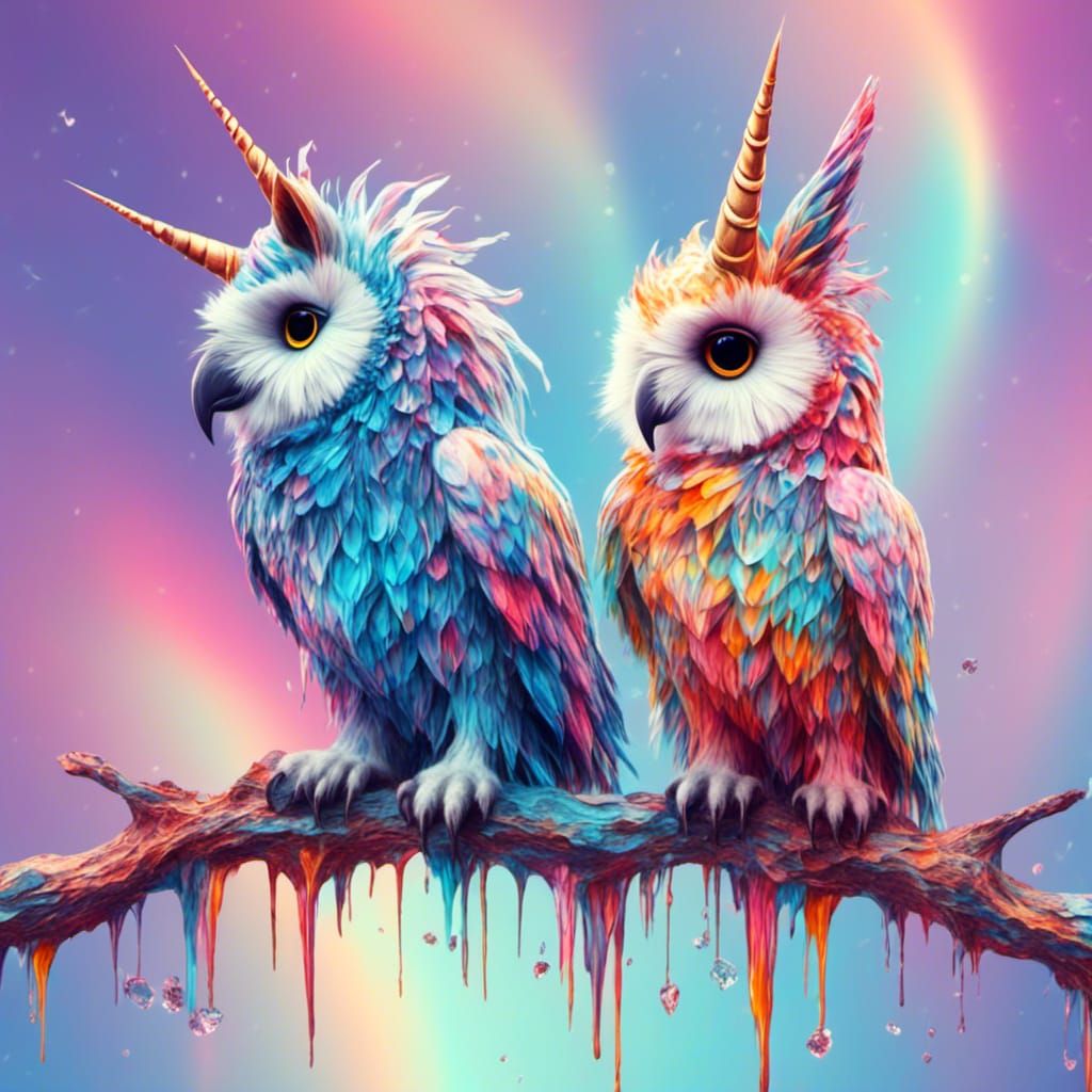 Colorful Unicorn Owls on Rainbow Branch