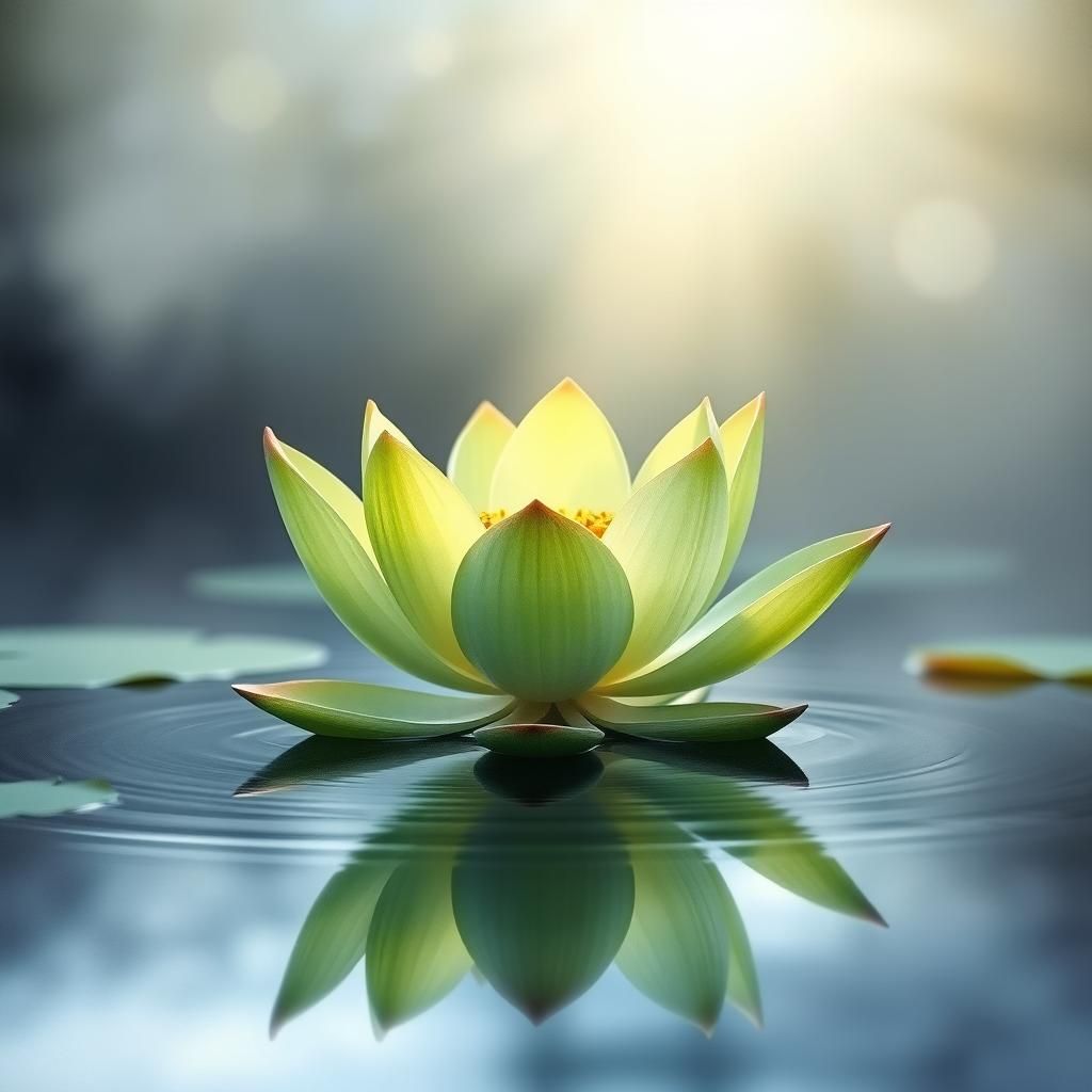 Blooming Green Lotus in Misty Pond