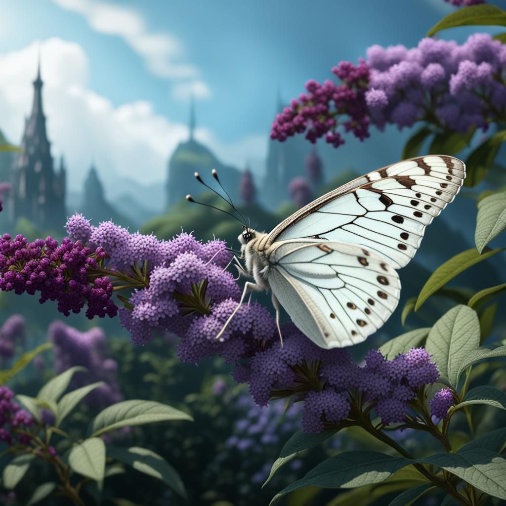 White Butterfly on Buddleia in Detailed Matte Painting