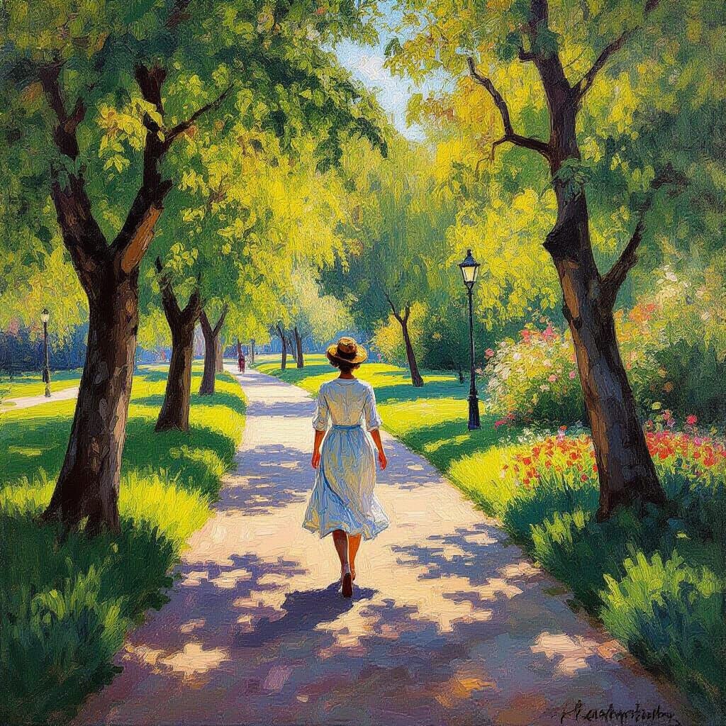 Impressionist Oil Painting of a Joyful Park Walk