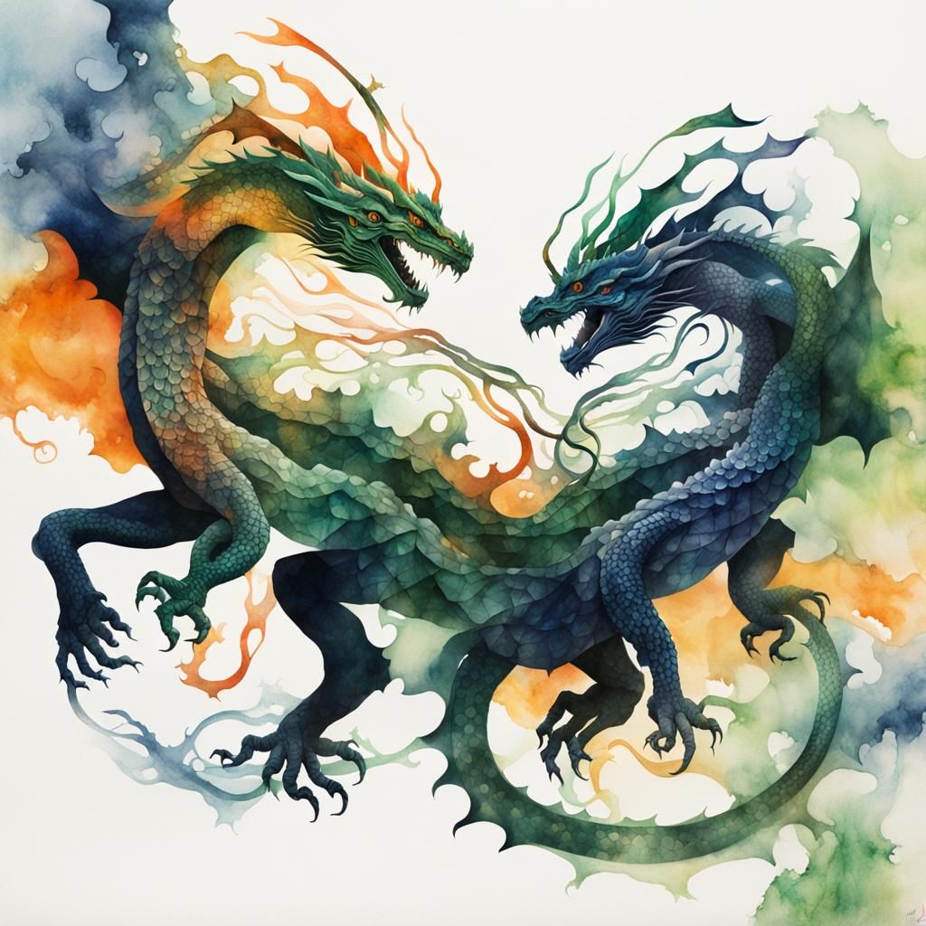 Entwined Dragons in Double Exposure Watercolor Style