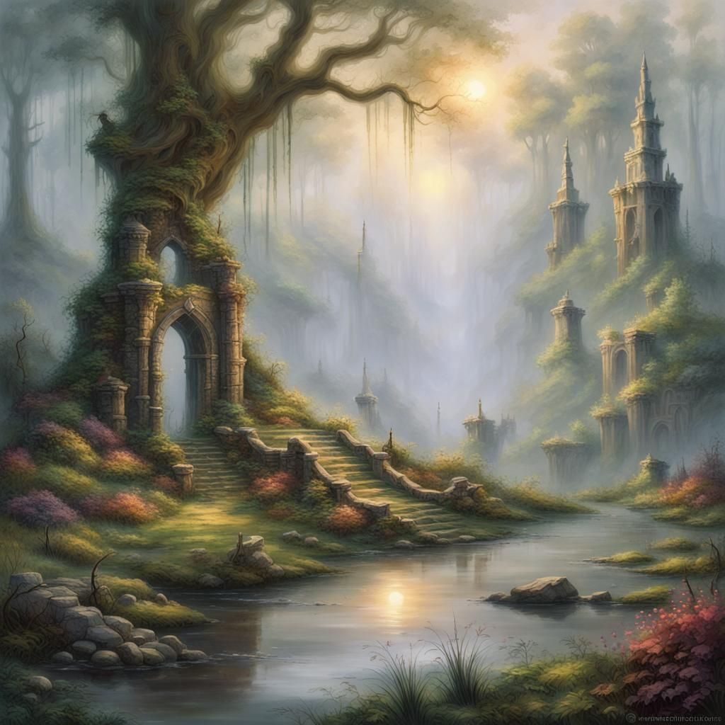 Ethereal Elven Ruins in Foggy Swamp