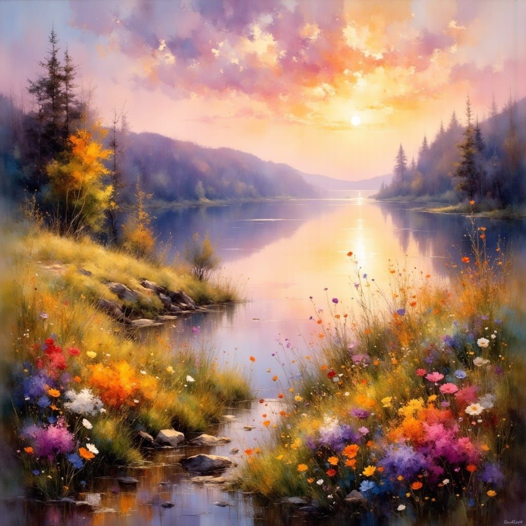 Hudson River Sunset Landscape Painting with Wildflowers