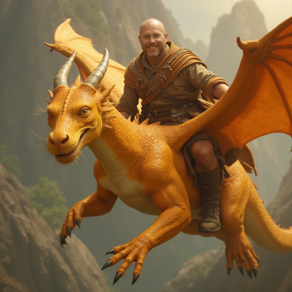 Bald Wizard Flies Giant Yellow Dragon, Smiling