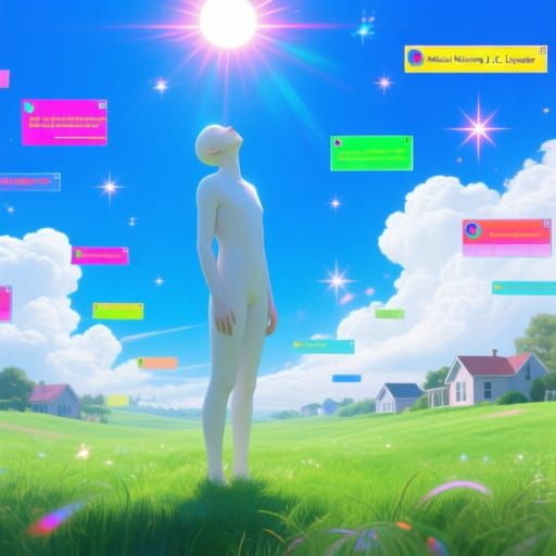 Surreal Figure in Neon Sky with Glitching Pop-Ups