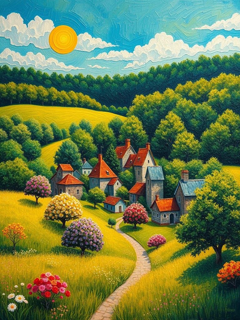 Neo-Impressionist Village Scene with Whimsical Floral Trees