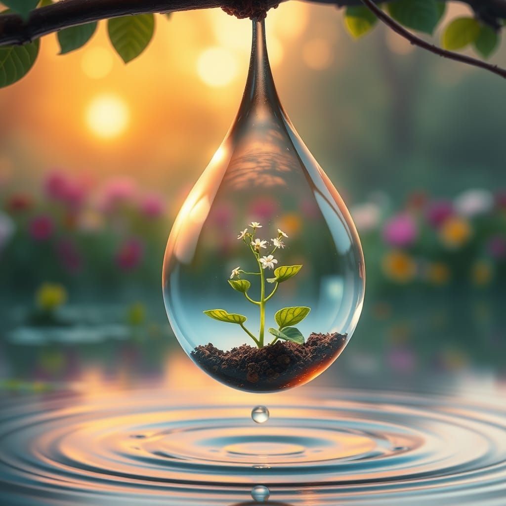 Glowing Seedling in Water Droplet at Sunset