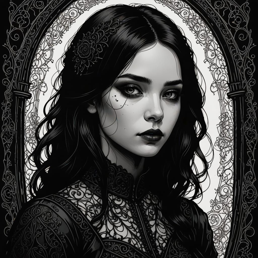 Elegant Gothic Doodle Portrait in Pen and Ink Style
