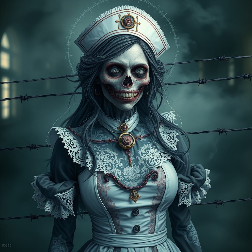 Gothic Zombie Nurse in Tattered Velvet Attire, Adorned with ...