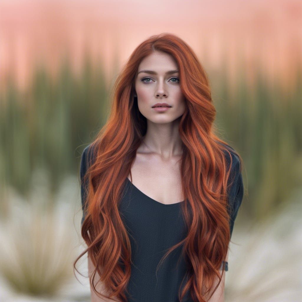Woman with Flowing Orange Hair and Golden Ratio Face
