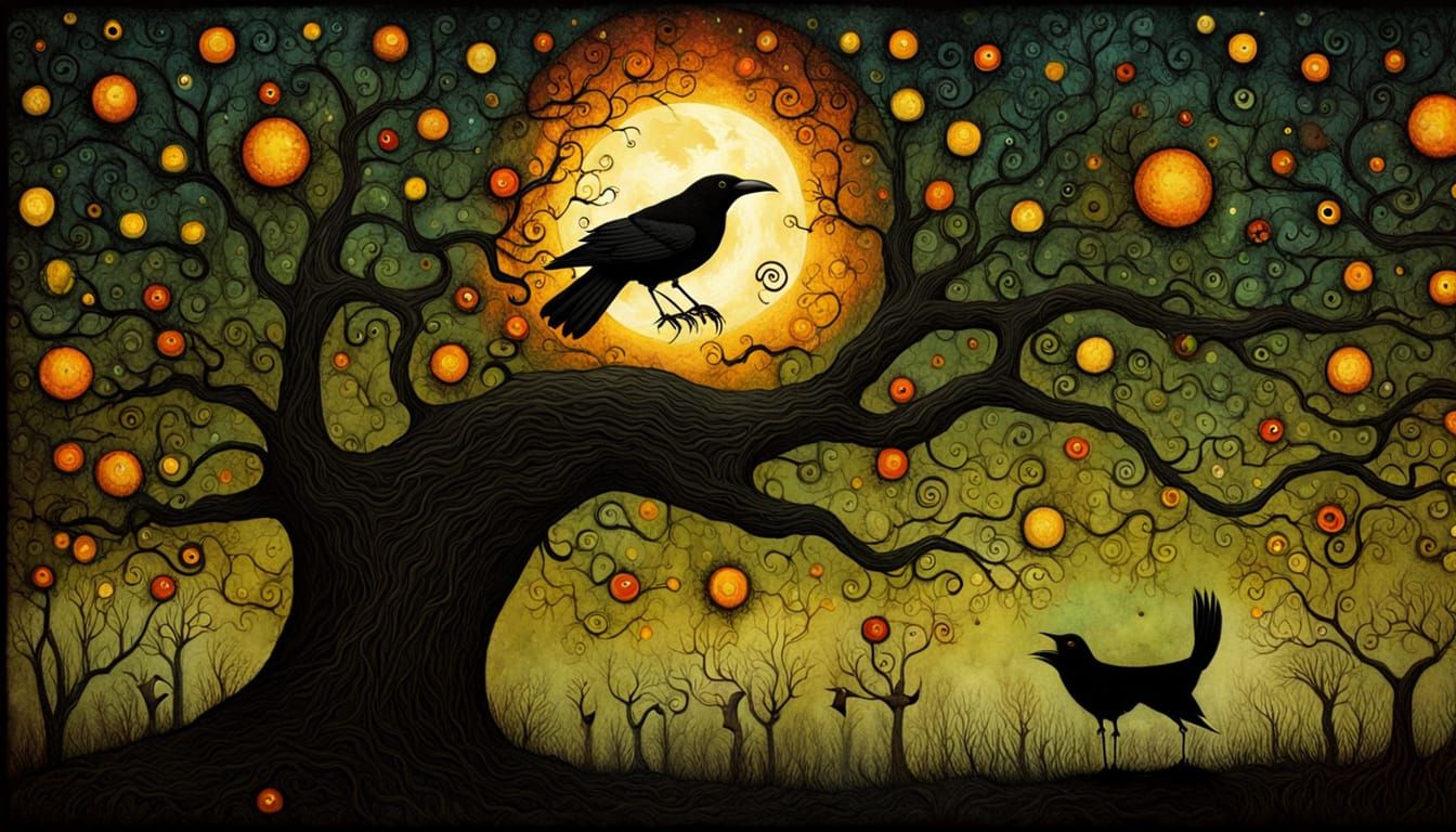 Dark Fantasy Scene with Raven in the Shadows