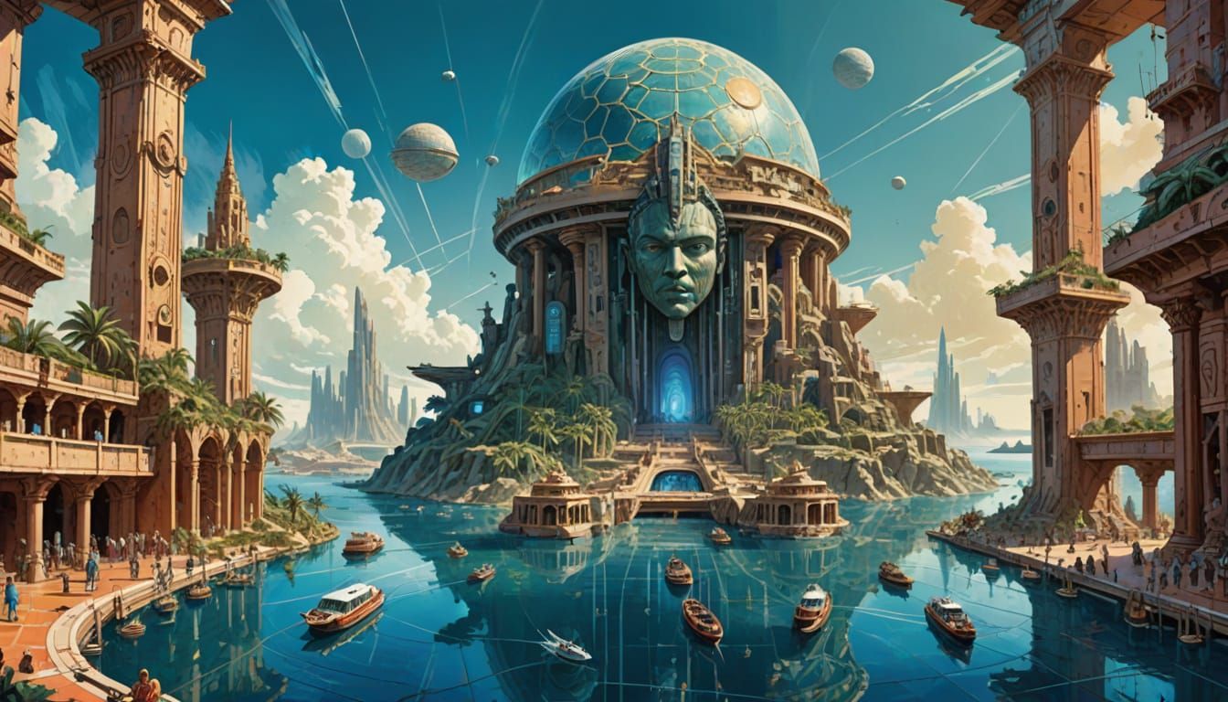 Ancient Atlantis Illustration with Impasto Watercolor Textur...