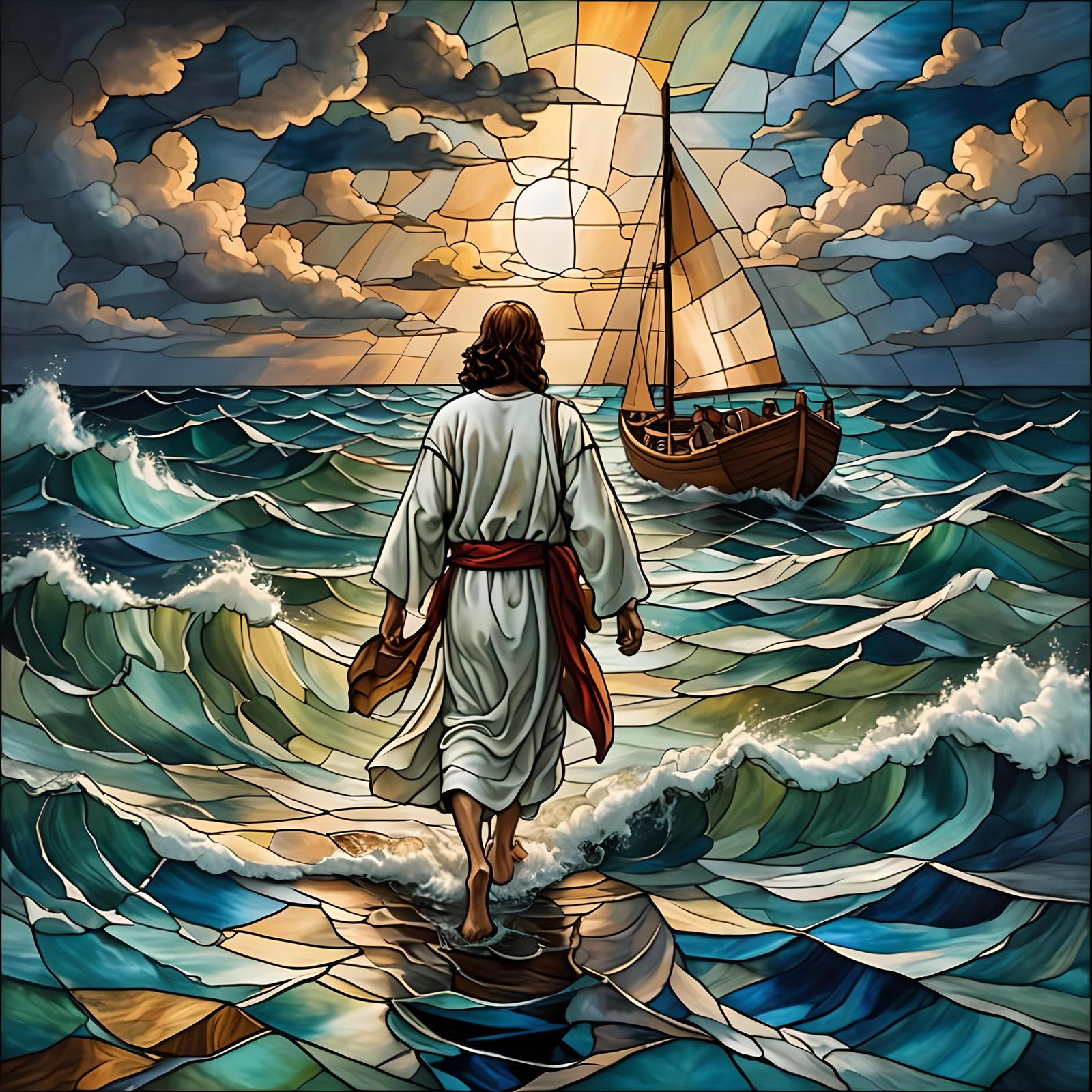 Jesus Walks on Water During Storm in Stained Glass