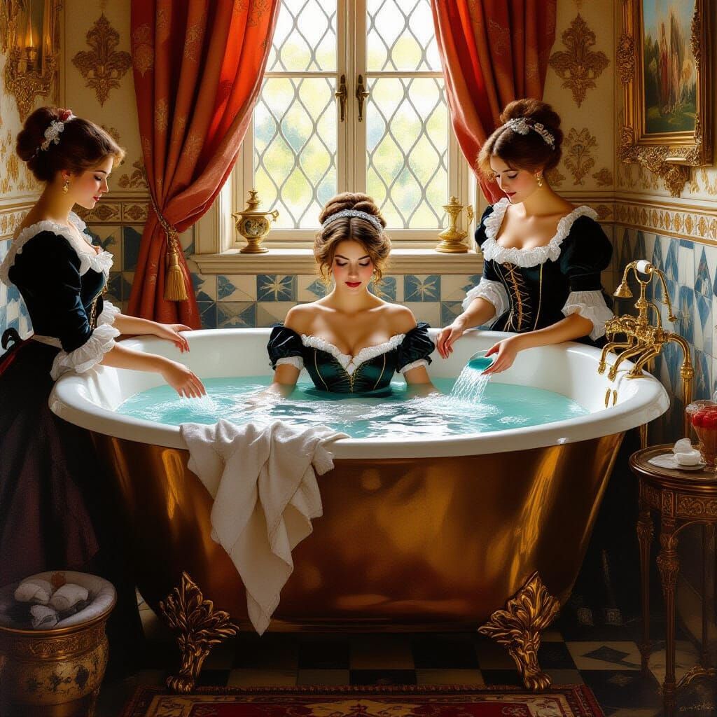 Opulent Bath Scene in Pre-Raphaelite Style