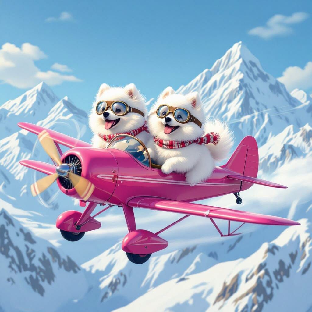 Pomeranian Pilots Fly Pink Biplane Over Snowy Mountains