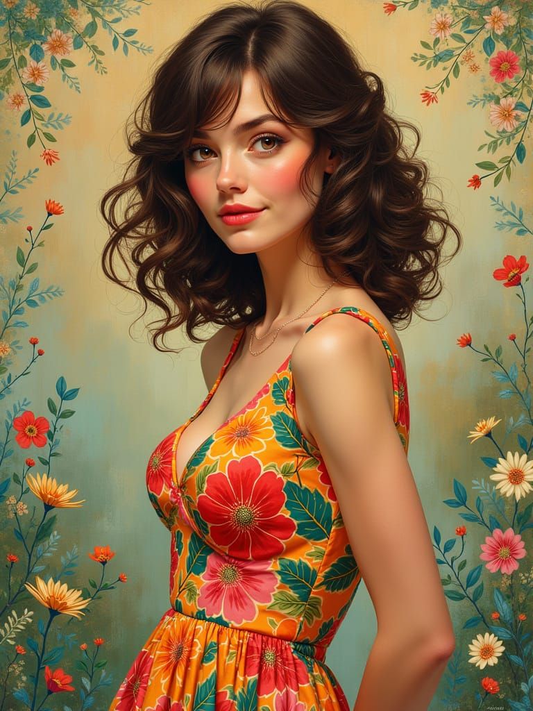 Brunette Woman in Alphonse Mucha Style