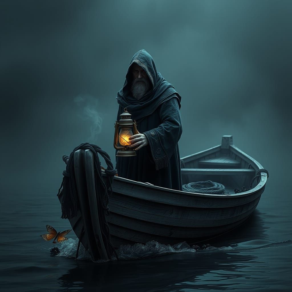 Charon, a Stoic Ferryman of the River Styx in a Muted, Fanta...