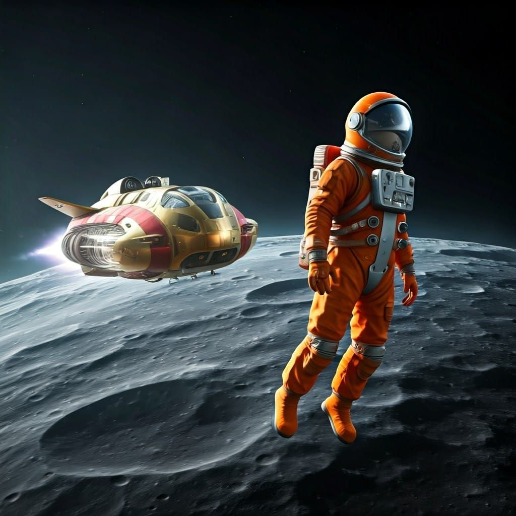 Astronaut and Spaceship Soar Over the Moon in a Vibrant, Hig...