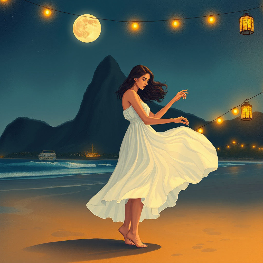 Moonlit Beach Dance in Rio: Dreamlike Illustration