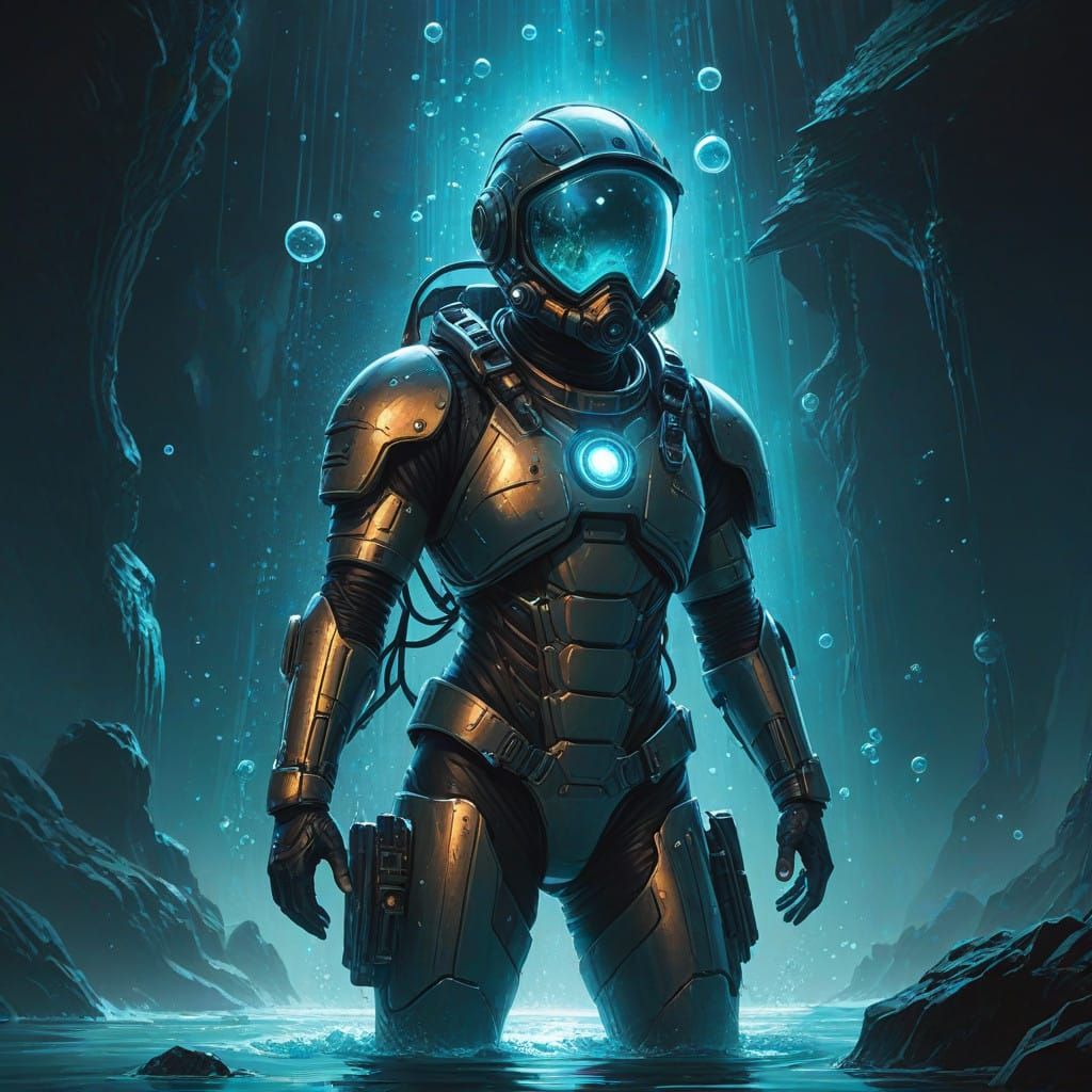 Sleek Diver Hovers in Ethereal Underwater Realm, Cyberpunk S...