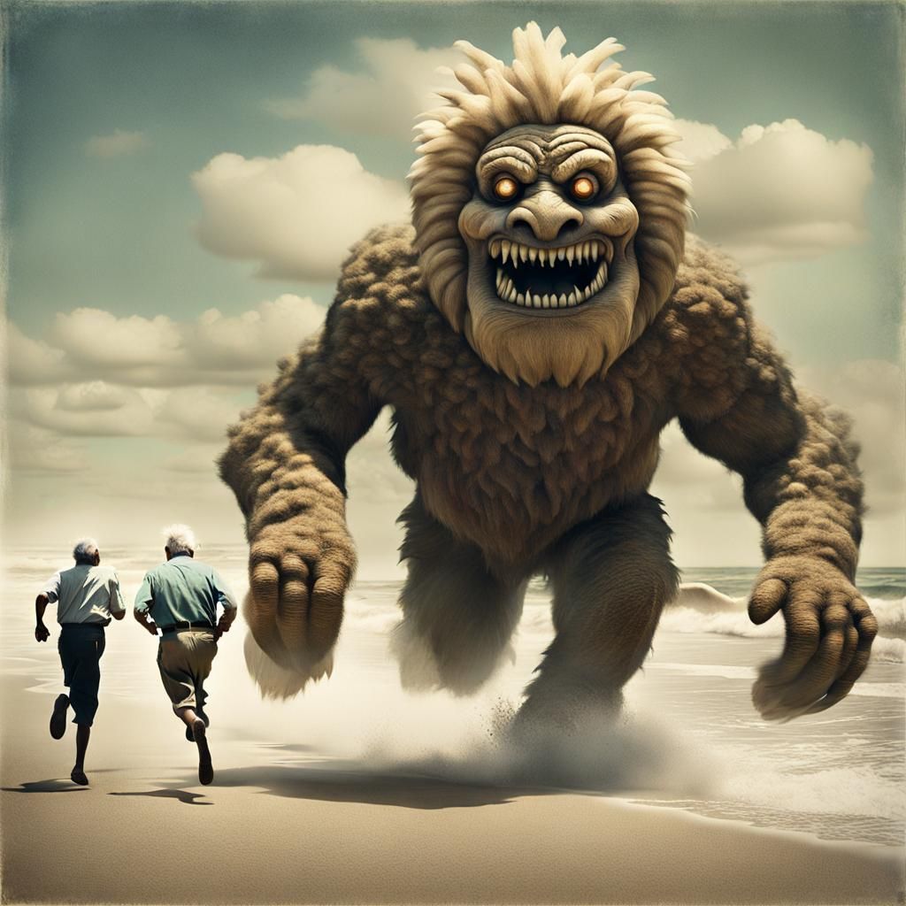 Vintage Photo of Man Running From Plush Monsters