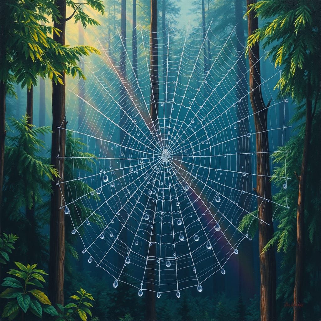 Dew-Covered Spiderweb at Dawn in Pastel Oil Style