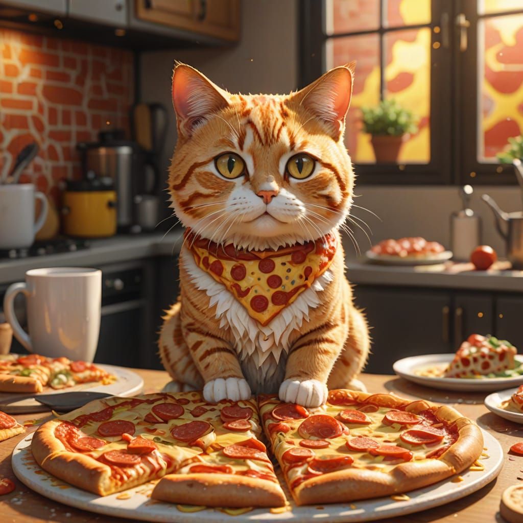 Pizza Cat in Kitchen: 3D Anime Art