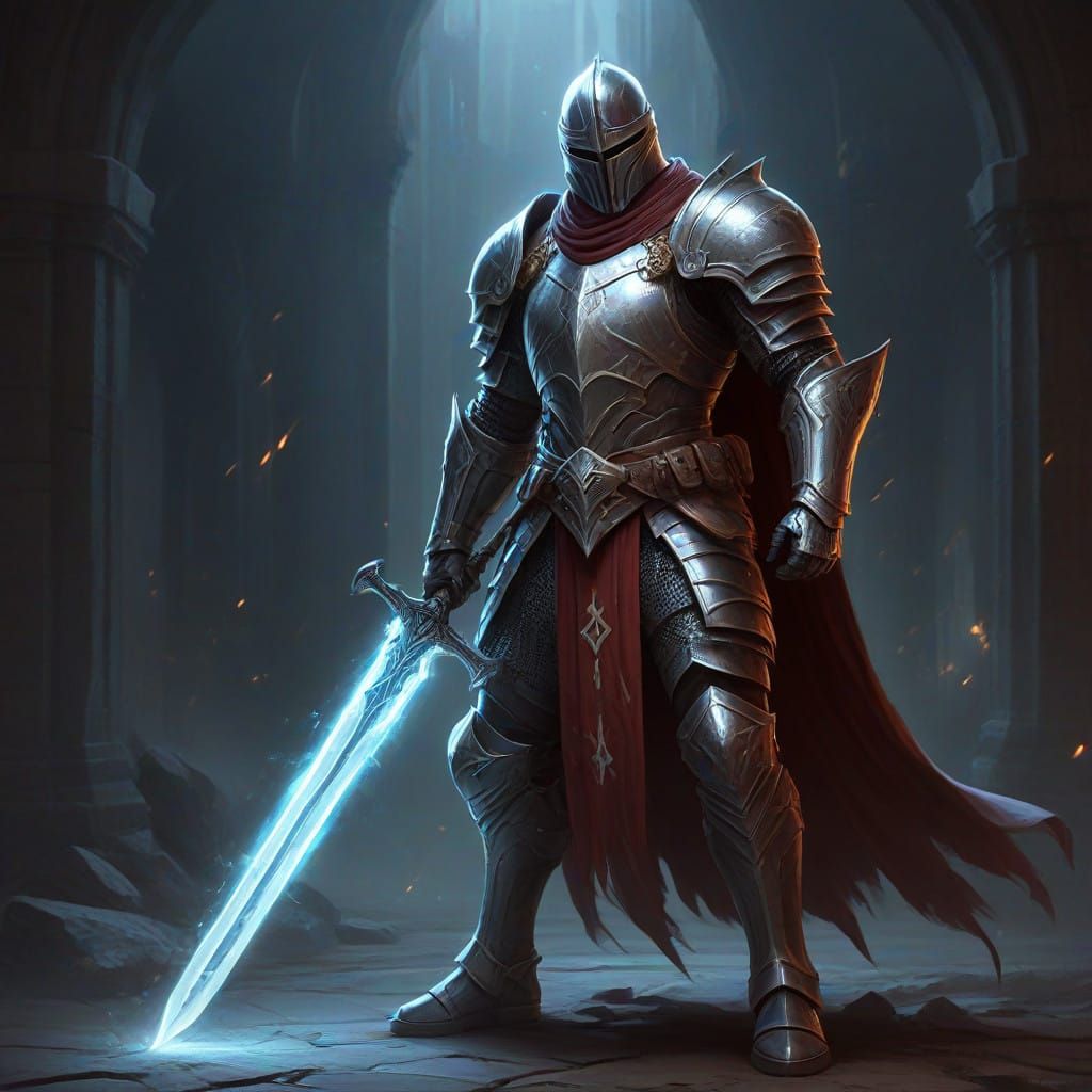 Epic Paladin Knight in Layered Armor, Holding Magical Plasma...