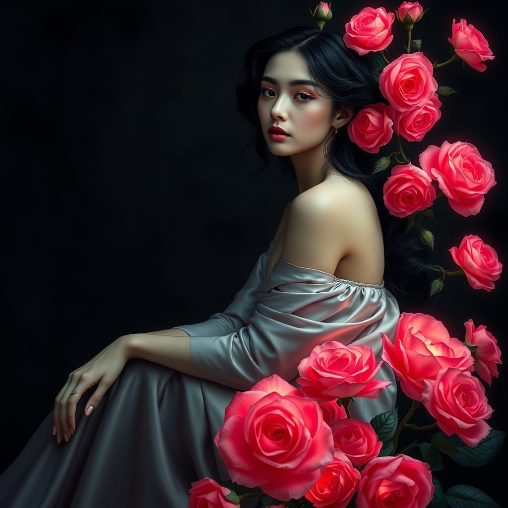Elegant Woman in a Whimsical Floral Dream