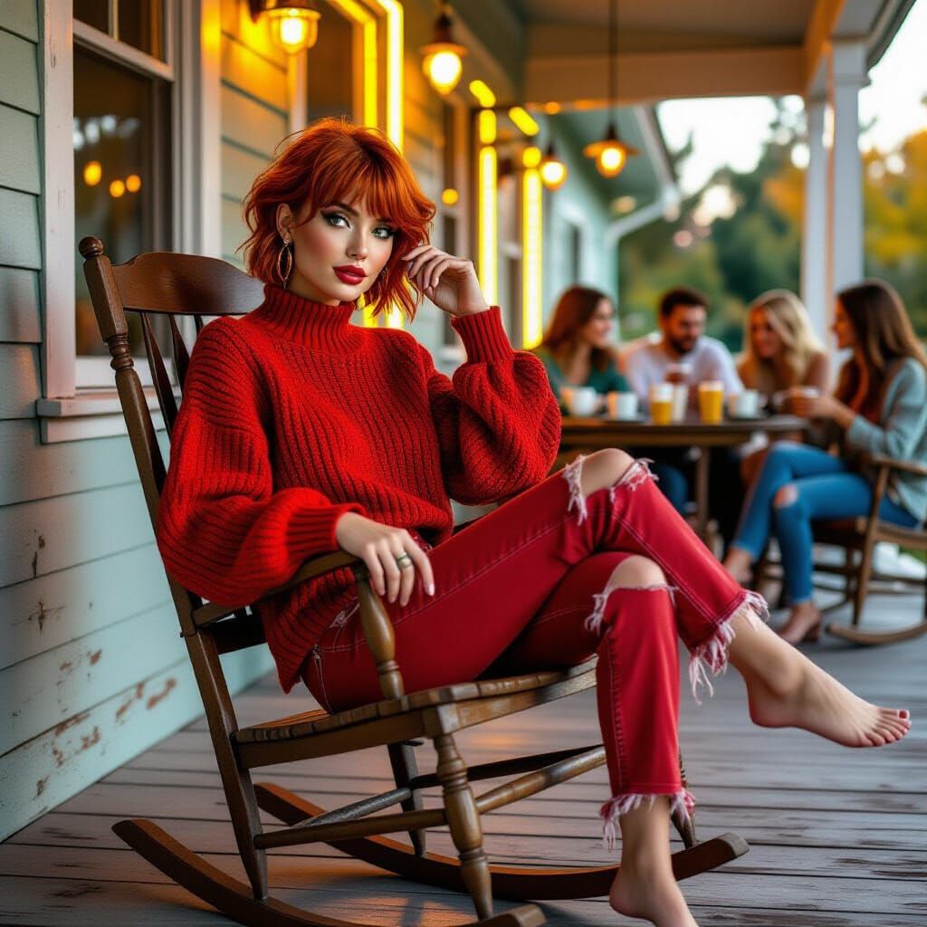 Sassy Woman in Red Jumper, Neon Porch Scene