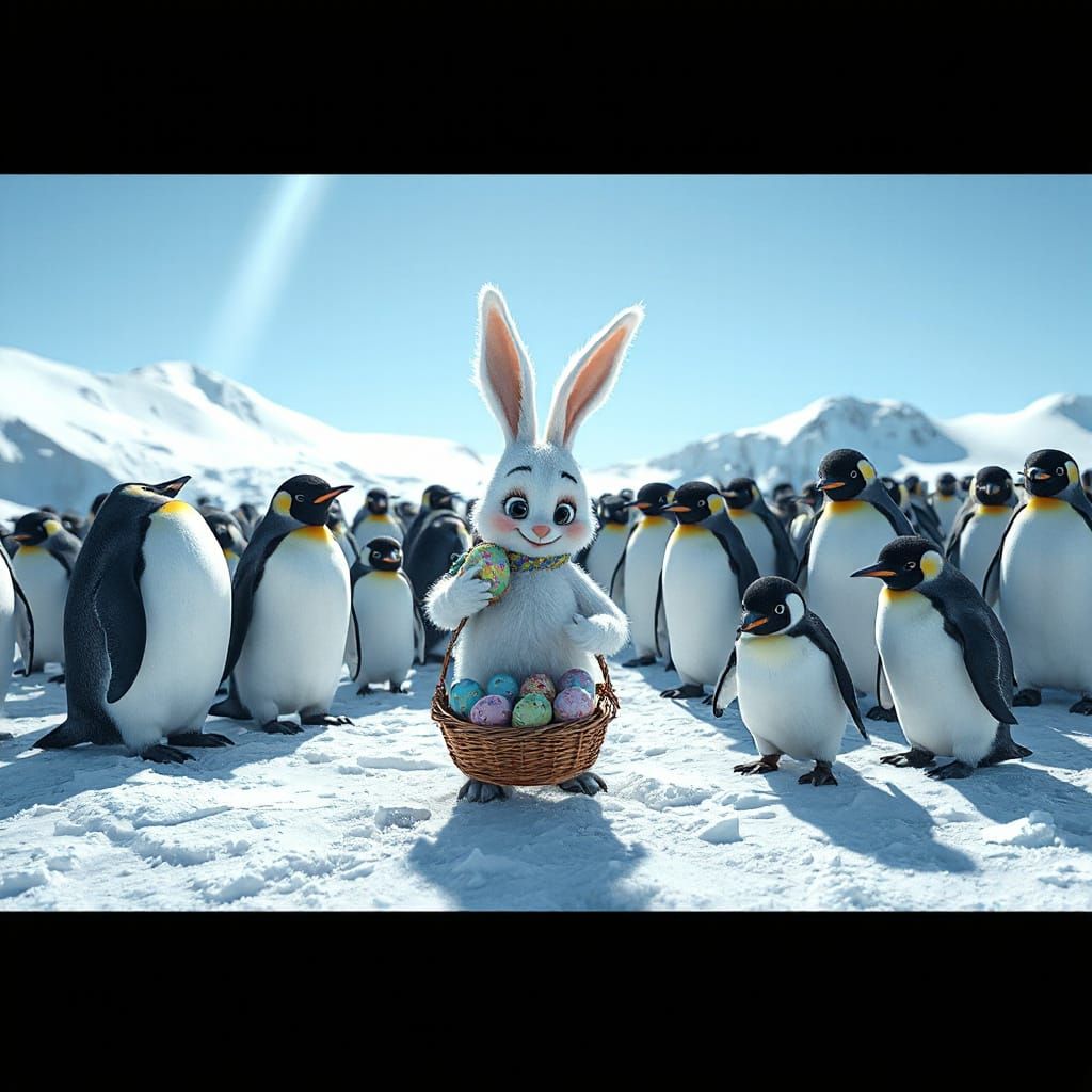 Easter Bunny in Antarctica, Surrounded by Curious Penguins