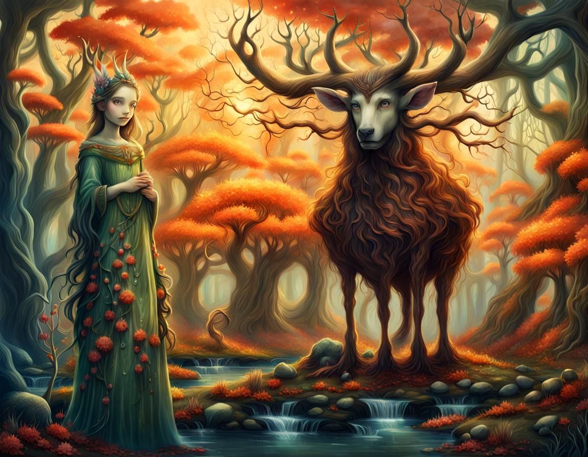 Fey Creatures in Mystical Forest, Detailed Fantasy Art