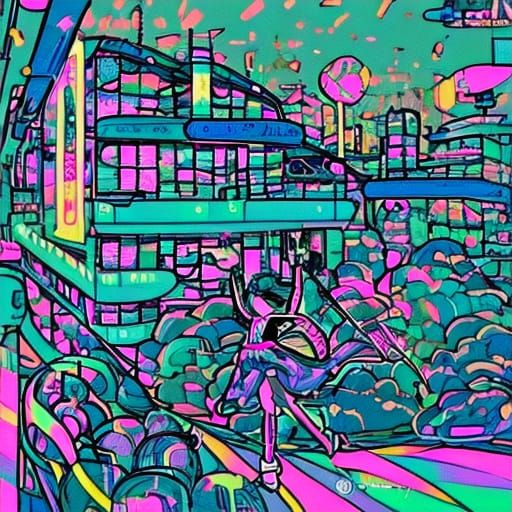 Surreal City Dancer in Vibrant Dusk Scene with Neon Lights a...